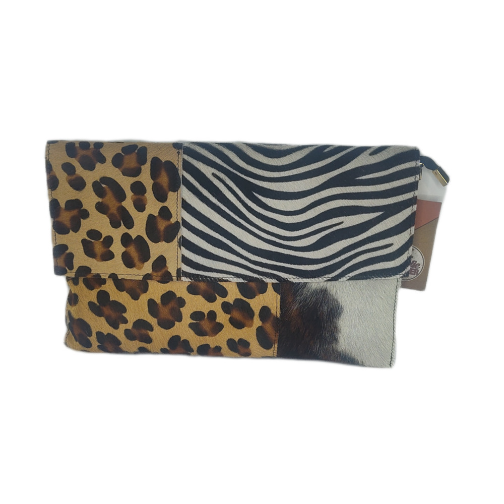 Charlie Leather Clutch/Crossbody/Shoulder Bag-Black/White-Animal Print-MED-NWT